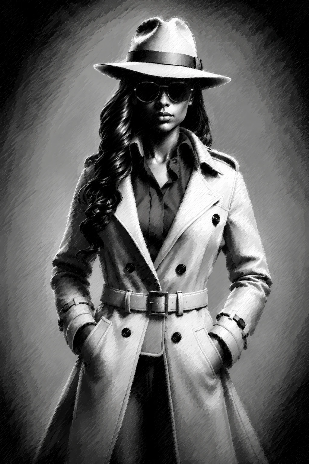 A hat-and-trench-coat figure in a photographic-style monochrome noir portrait, with strong contrast and deep shadow.
