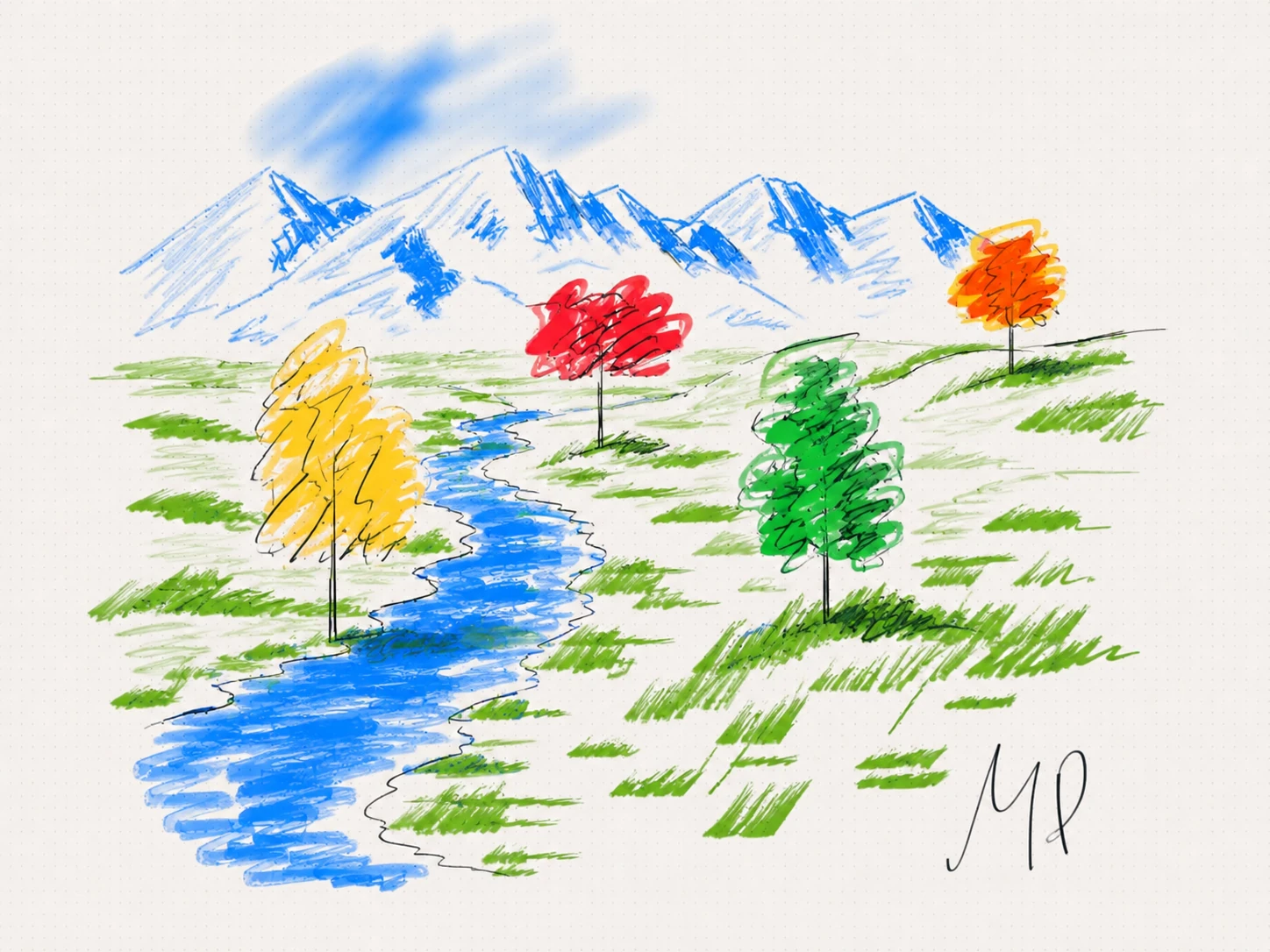 A colored-pencil landscape sketch with loose expressive marks, bright trees, and blue mountain peaks.