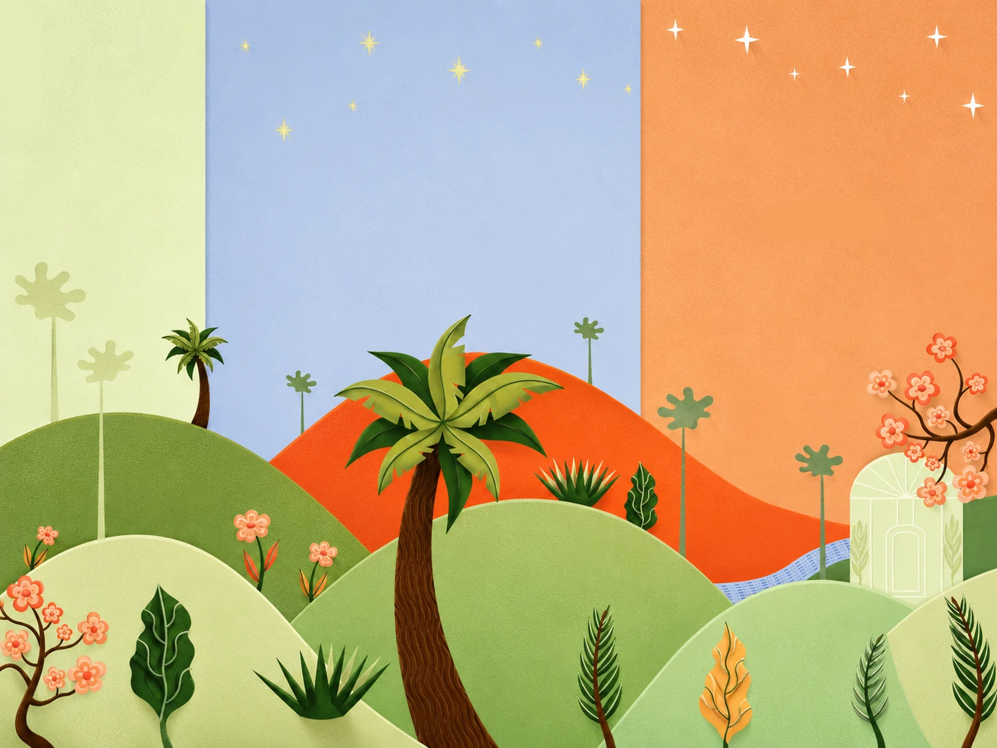 A graphic landscape of palms, hills, and flowers crosses three pastel color panels.