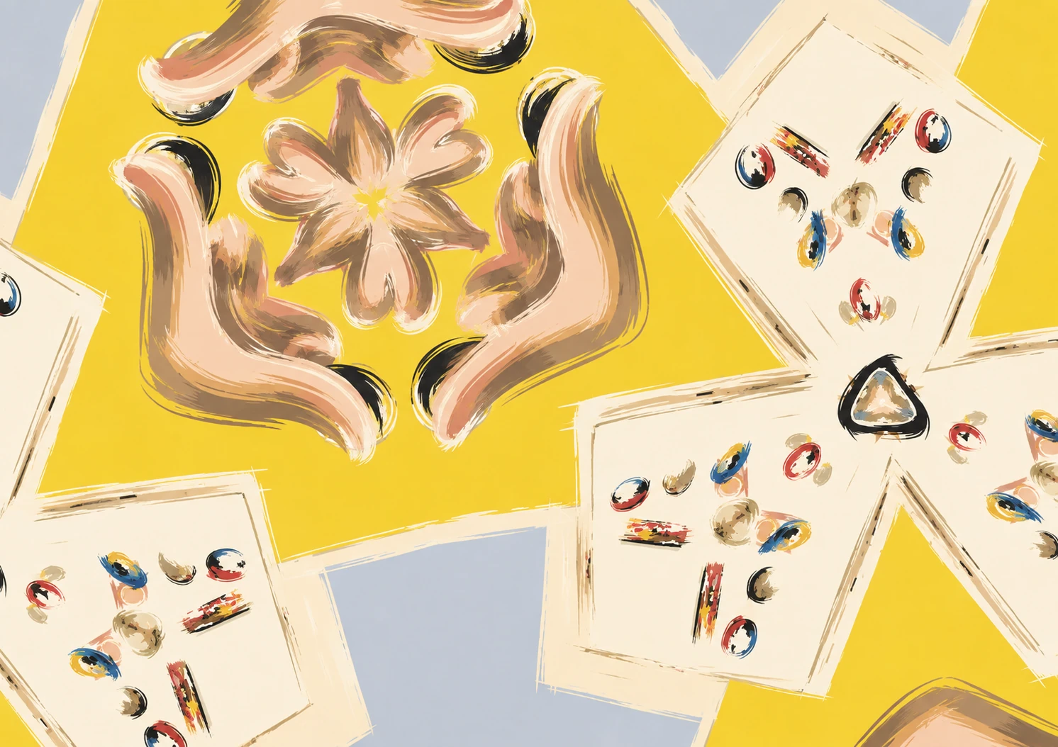 A graphic pattern study combining decorative motifs, varied shapes, and a bright yellow background.
