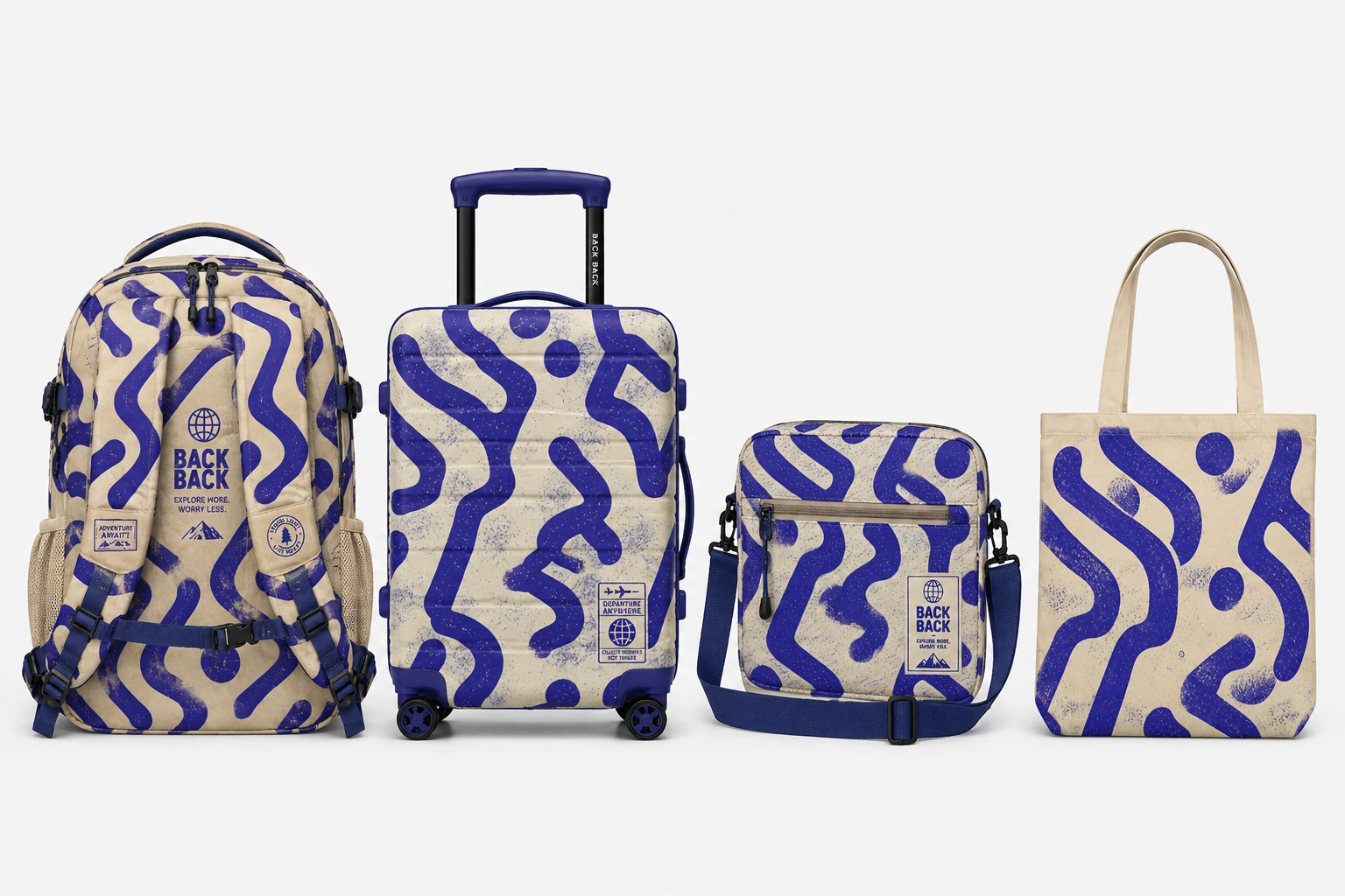 A clean product-mockup presentation of bags sharing a bold purple-and-cream abstract graphic pattern.