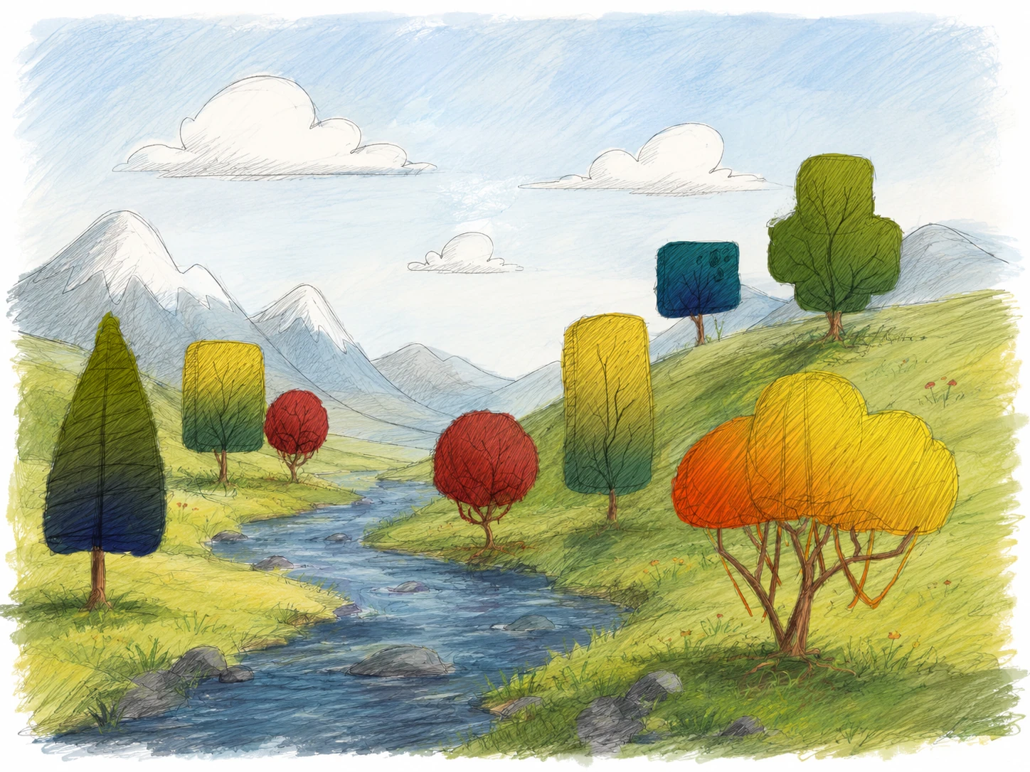 A river landscape in a colored-pencil style, combining soft shading with geometric trees and playful color.