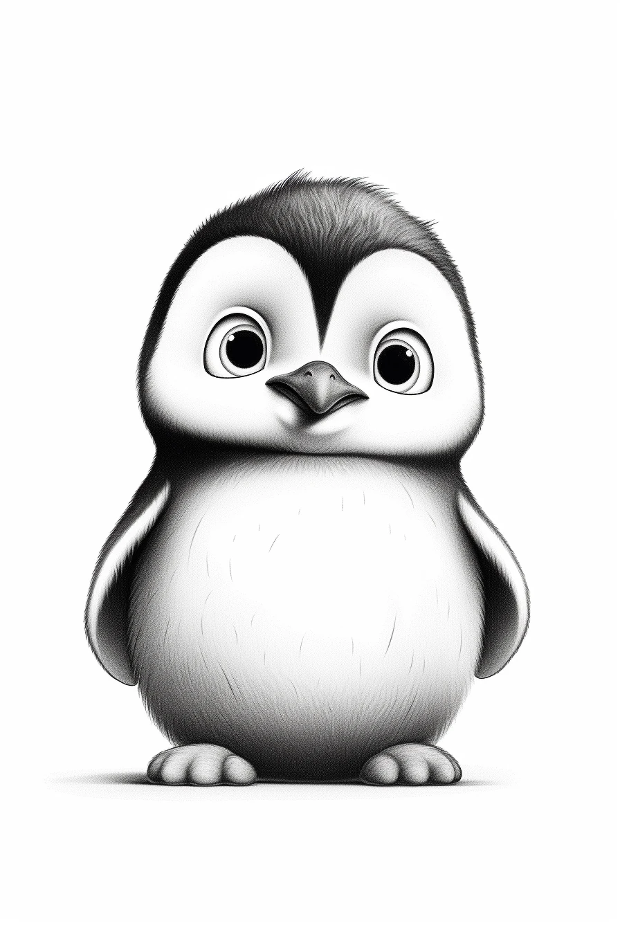 A black-and-white penguin in a softly modeled cartoon style, with rounded forms and large expressive eyes.