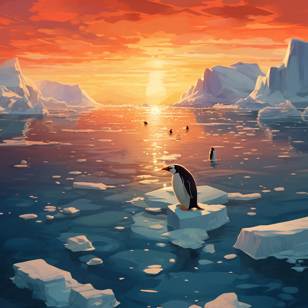 A penguin among ice floes in a painterly landscape, with textured blue water and glowing sunset color.