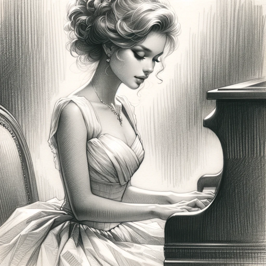 A woman at the piano in a softly shaded monochrome illustration, with flowing marks and gentle light.