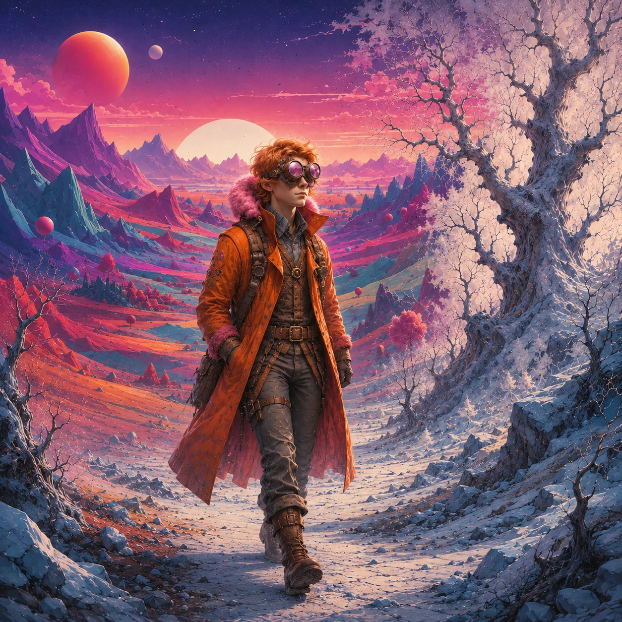 Traveler in an orange coat walking through a pink and blue alien mountain landscape