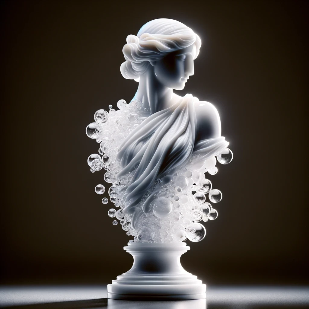A porcelain-and-glass-inspired bust in a polished sculptural rendering, with translucent curls and soft studio light.