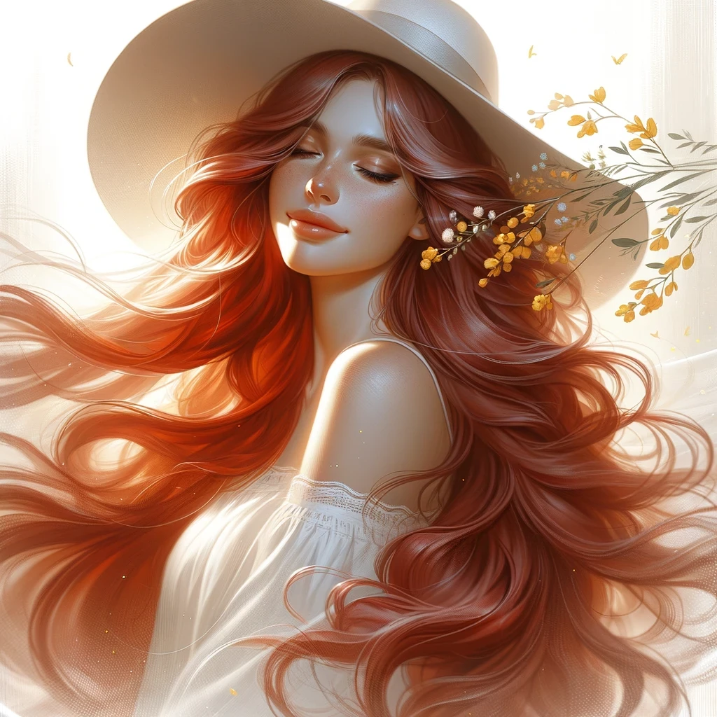 A red-haired woman in a broad white hat in a softly painted portrait, with flowing hair, pale flowers, and warm highlights.