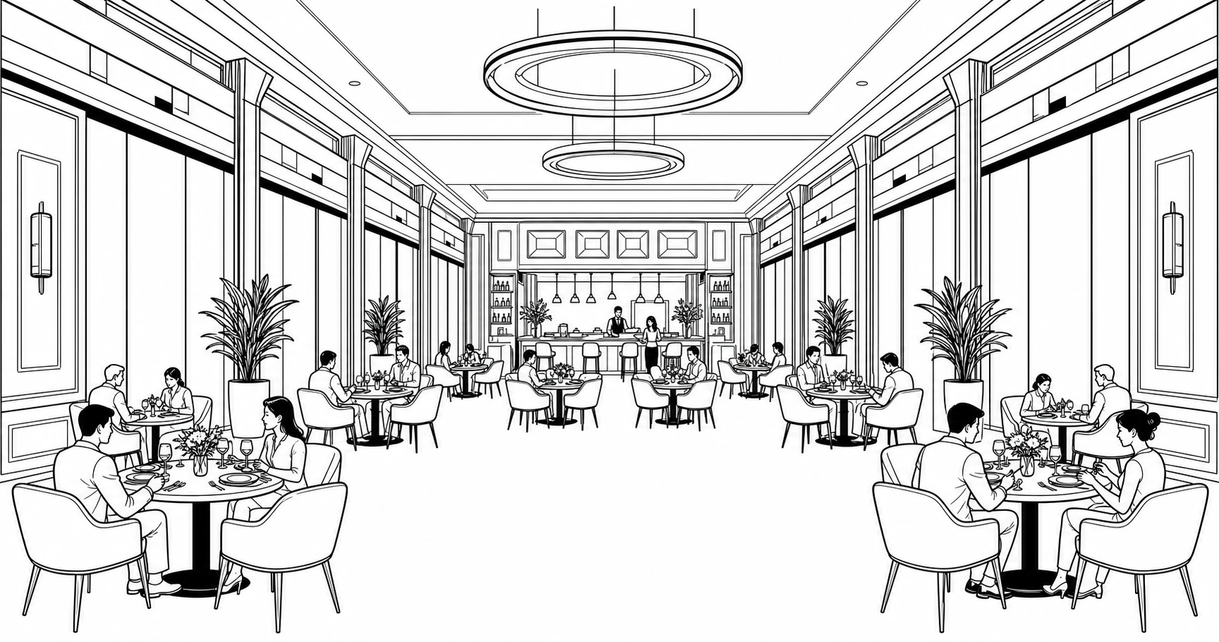 A restaurant interior in a precise monochrome line drawing, emphasizing perspective, repeated ceiling lights, and fine detail.