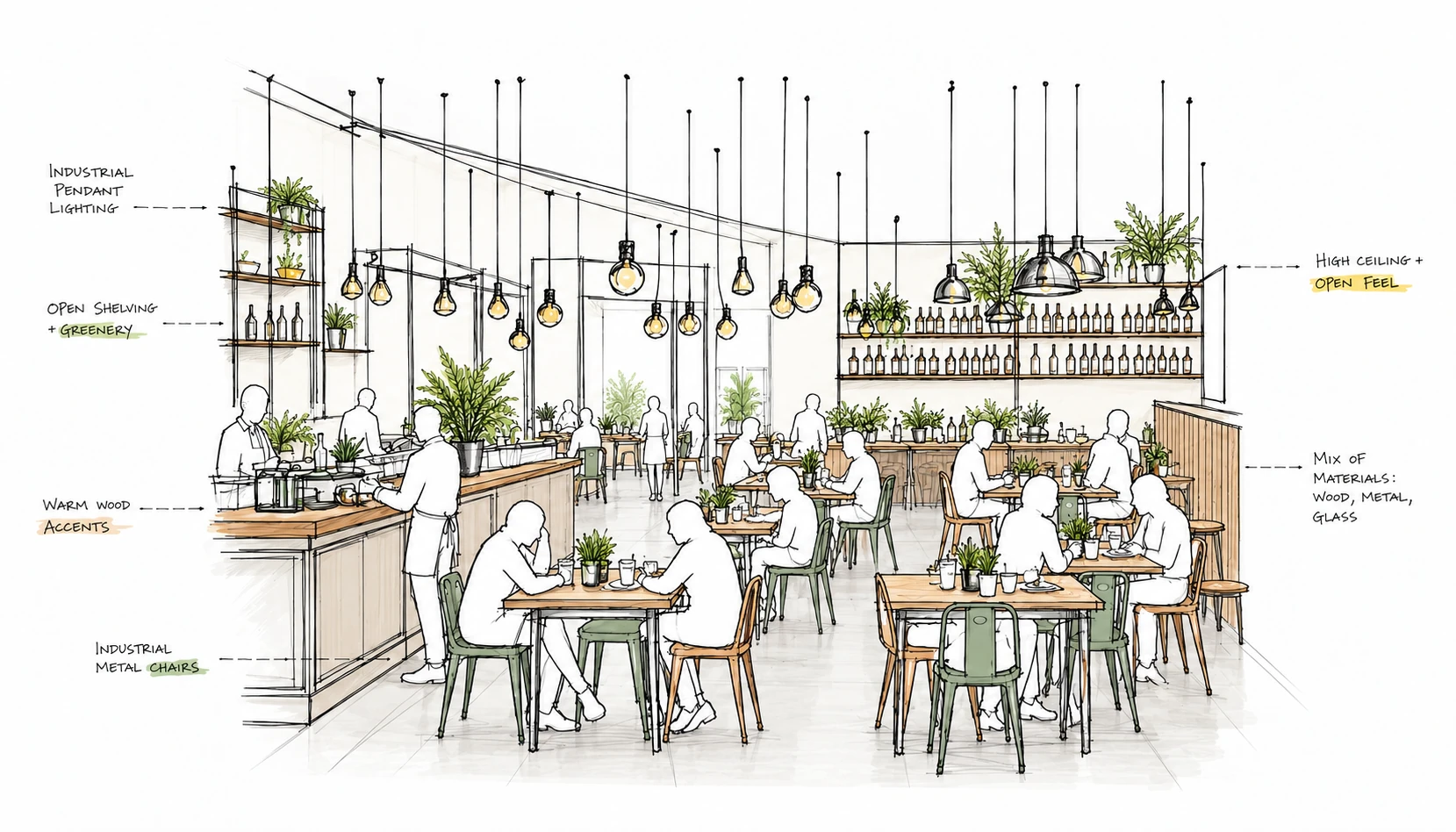 A restaurant interior in an architectural sketch style, with fine linework, light color accents, and hanging greenery.