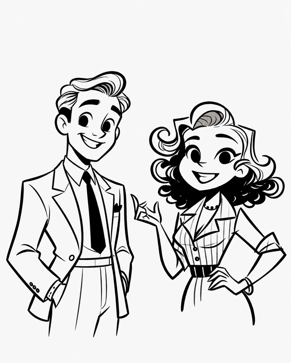 A smiling black-and-white cartoon pair with vintage clothing and rounded linework.