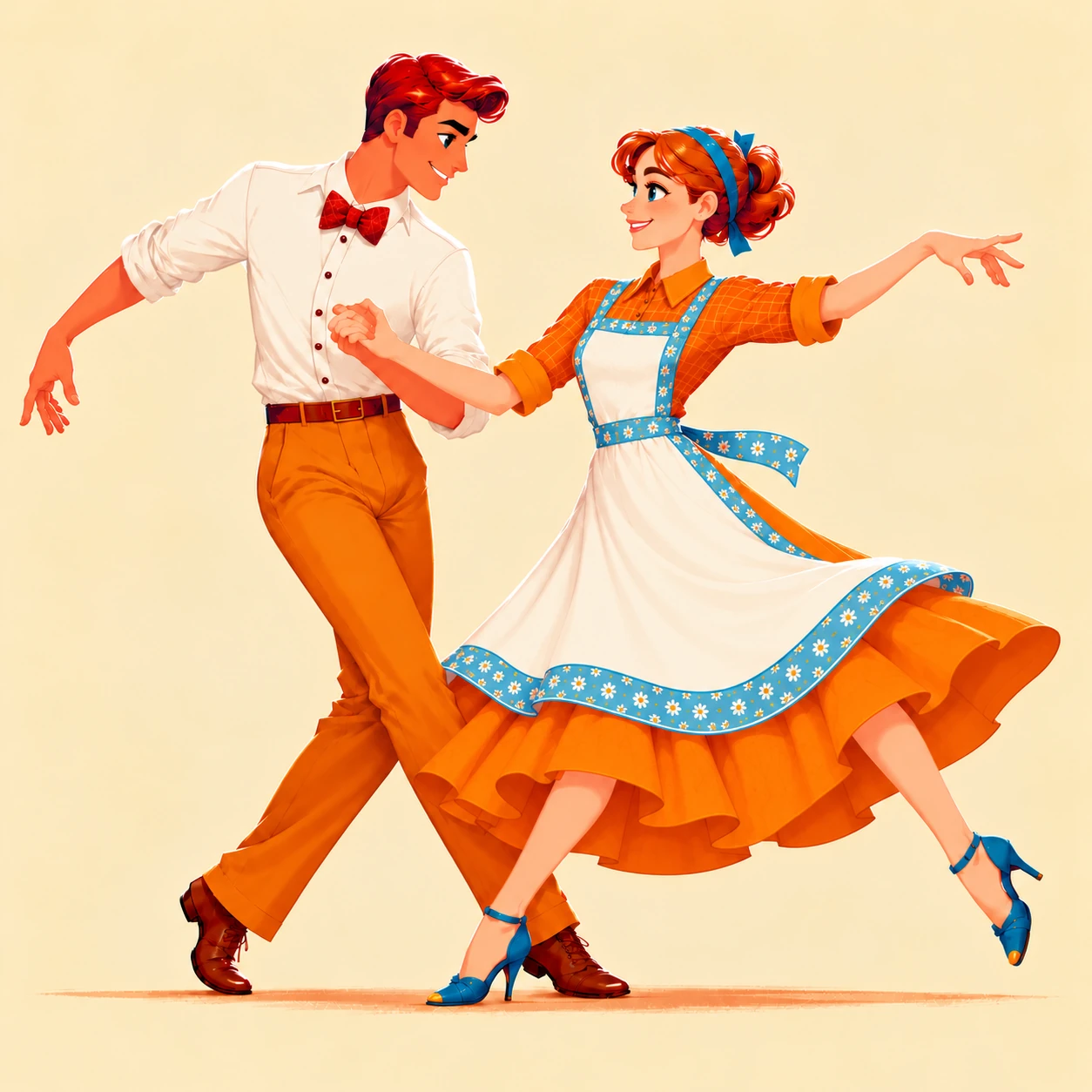 A retro illustrated couple dances in orange and blue clothing against a warm pale background.