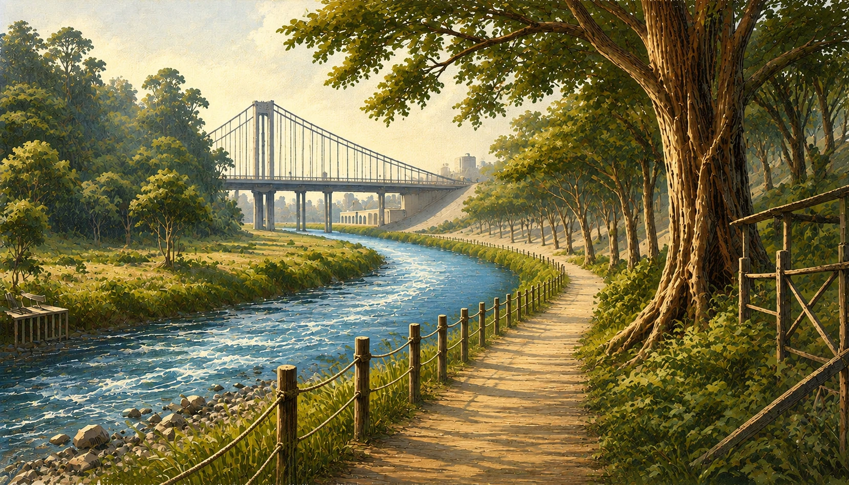 A riverside suspension bridge in a detailed painterly landscape, with textured greenery and warm filtered light.