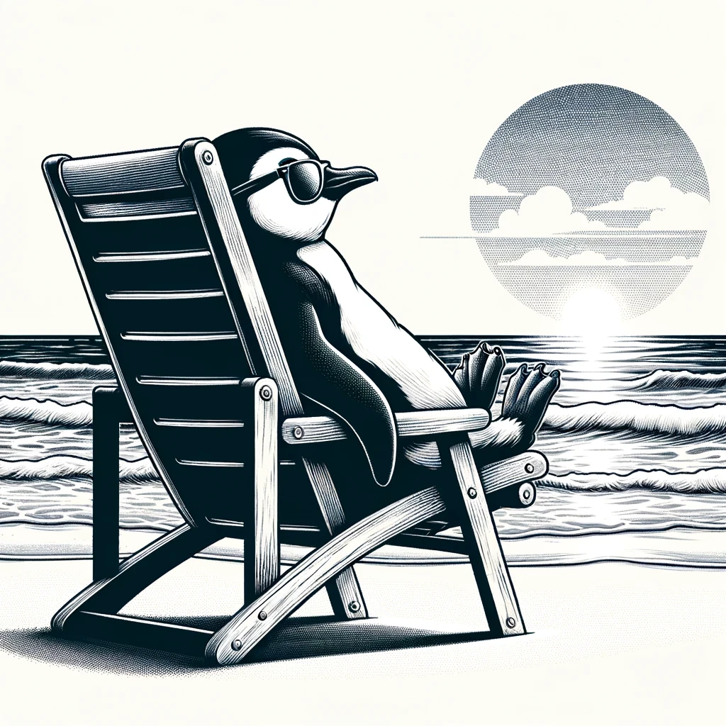 A figure reclining beside the sea in a monochrome graphic illustration, with bold outlines and striped shadows.
