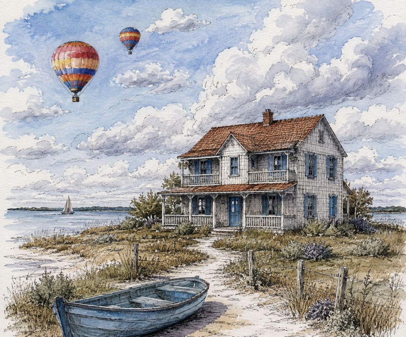 A coastal house, boat, and balloons in a watercolor-like illustration with delicate linework and soft cloud washes.