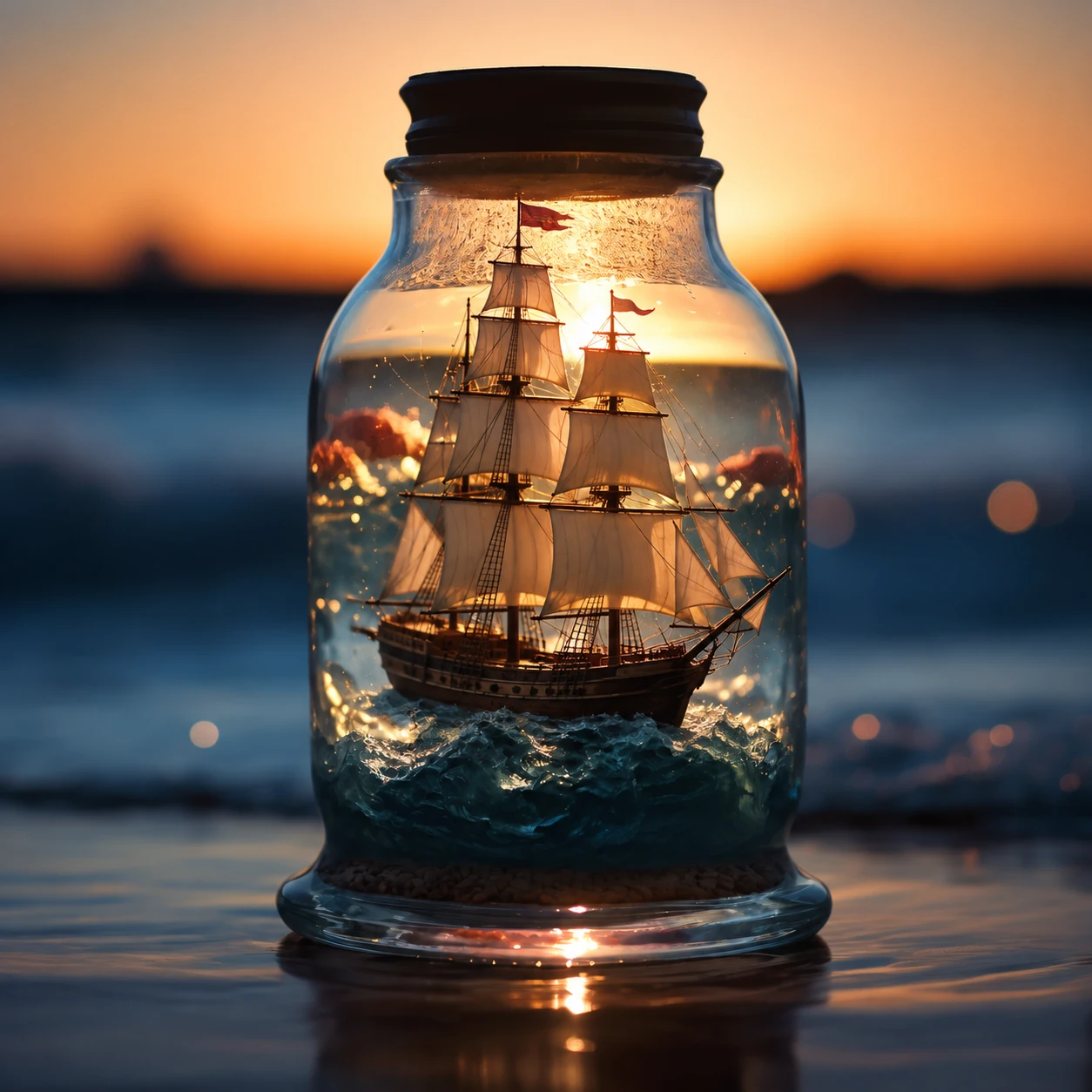 An imagined ship inside a glass jar in a photographic-style still life, with warm sunset light and a softly blurred sea.