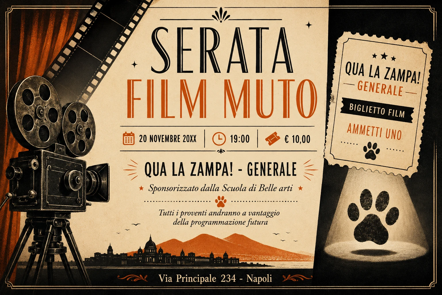 A vintage-style silent-film event poster combines a film reel, typography, and illustrated tickets.