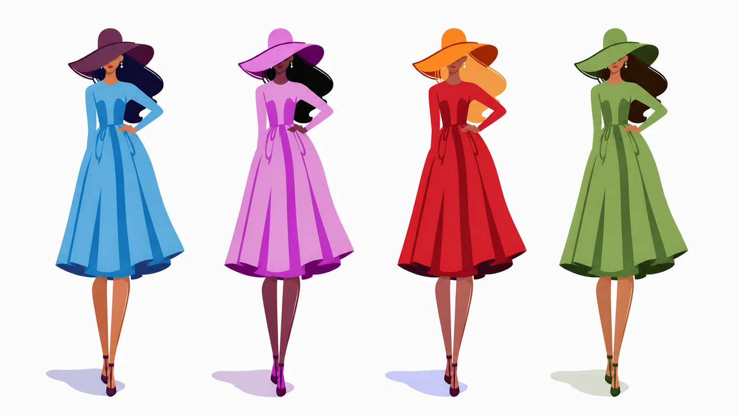 Four stylized women in elegant dresses and wide hats, shown as color variations