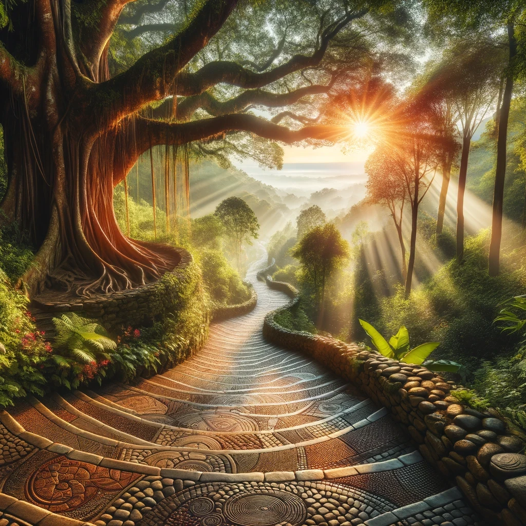 A stone path beneath an ancient tree in a richly textured woodland illustration, with sweeping roots and bright sunbeams.