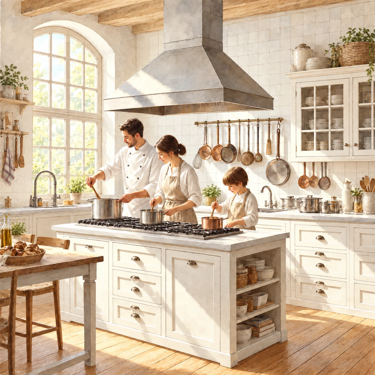 Figures around a kitchen island in a softly rendered interior illustration, with pale colors, plants, and broad window light.