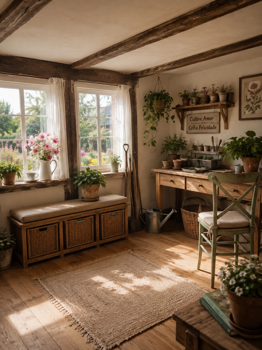 A sunlit rustic kitchen in a photographic-style interior study, with natural textures and soft window light.