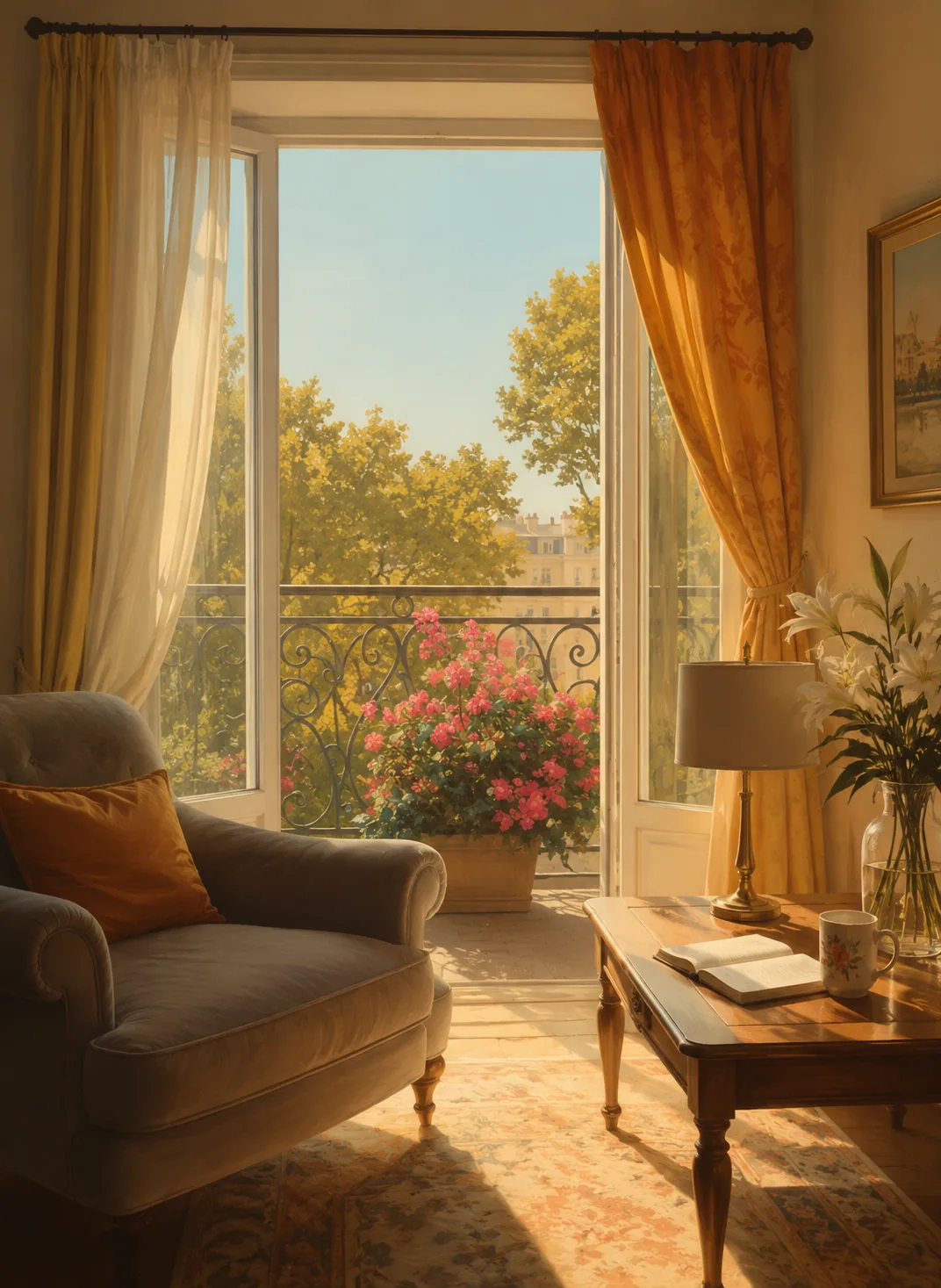 Warm sunlit salotto with open balcony doors, curtains, flowers, and a reading table