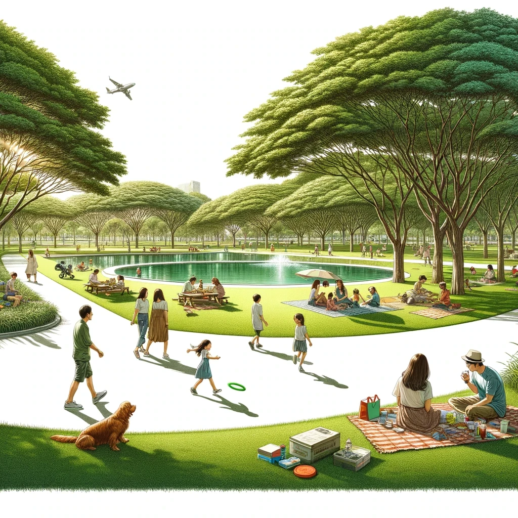 A sunny park scene in a polished illustrative style, with simplified figures, rounded trees, and clear green tones.