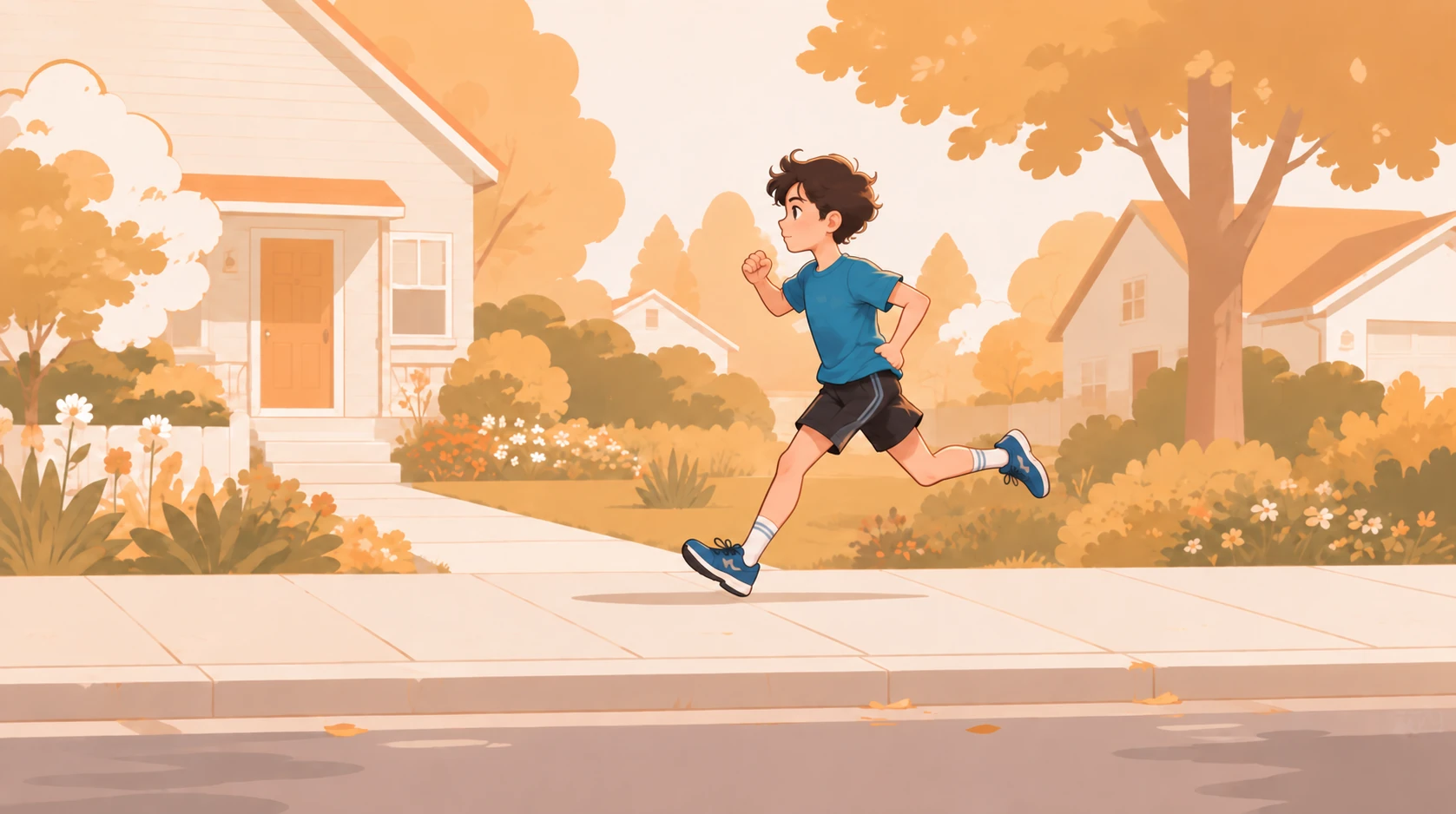 A runner on a suburban street in a flat animation-style illustration, with simplified shapes and warm peach-and-orange tones.