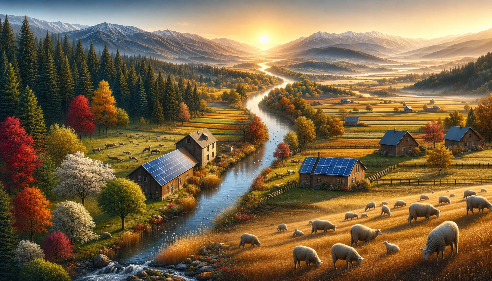A farm river at sunrise in a richly detailed painterly landscape, with warm light and sweeping depth.
