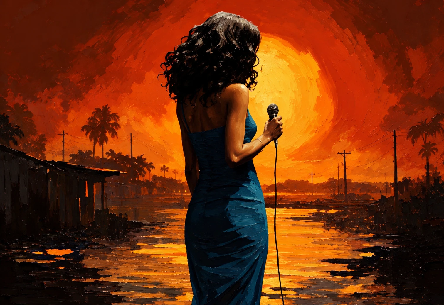 A blue-dress figure at the waterfront in a dramatic painterly study, with textured shadows and glowing orange sunset reflections.