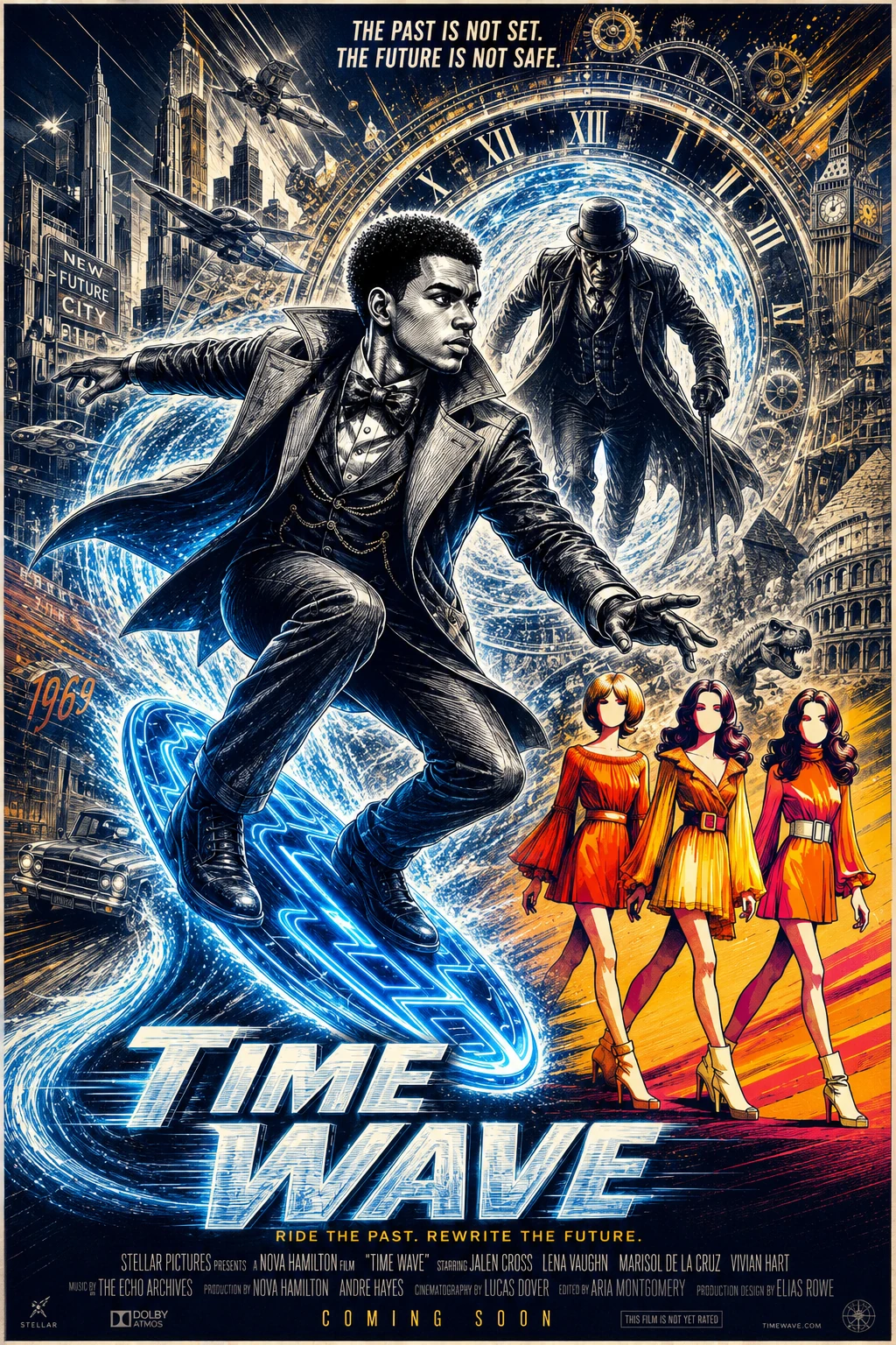 A Time Wave poster concept in a dramatic illustrated film-poster style, with action figures, clock imagery, and blue-and-gold energy trails.