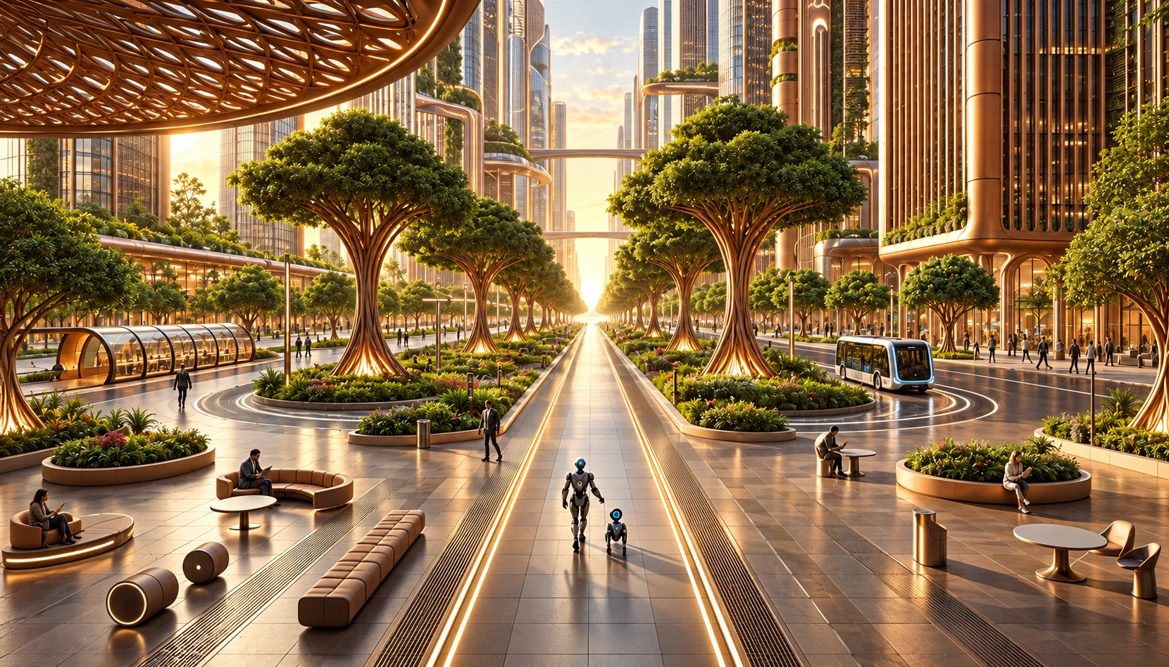 A modern urban courtyard in a polished architectural visualization, with shaped trees, reflective surfaces, and warm light.
