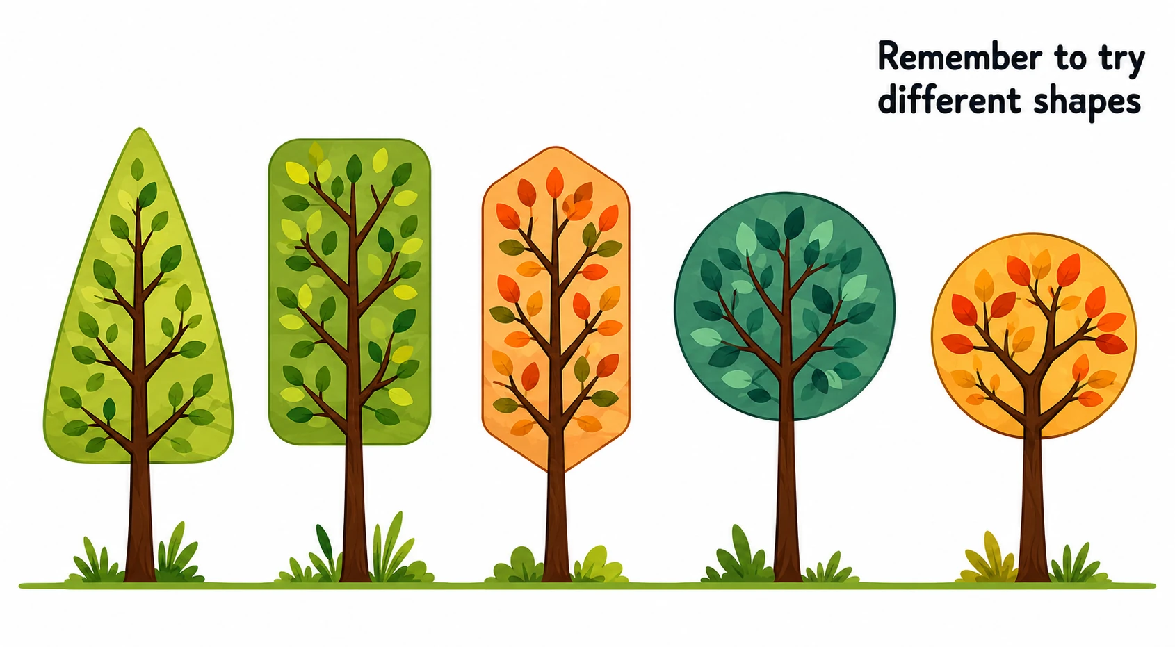 Five graphic tree shapes compare foliage silhouettes, branching, and seasonal color.