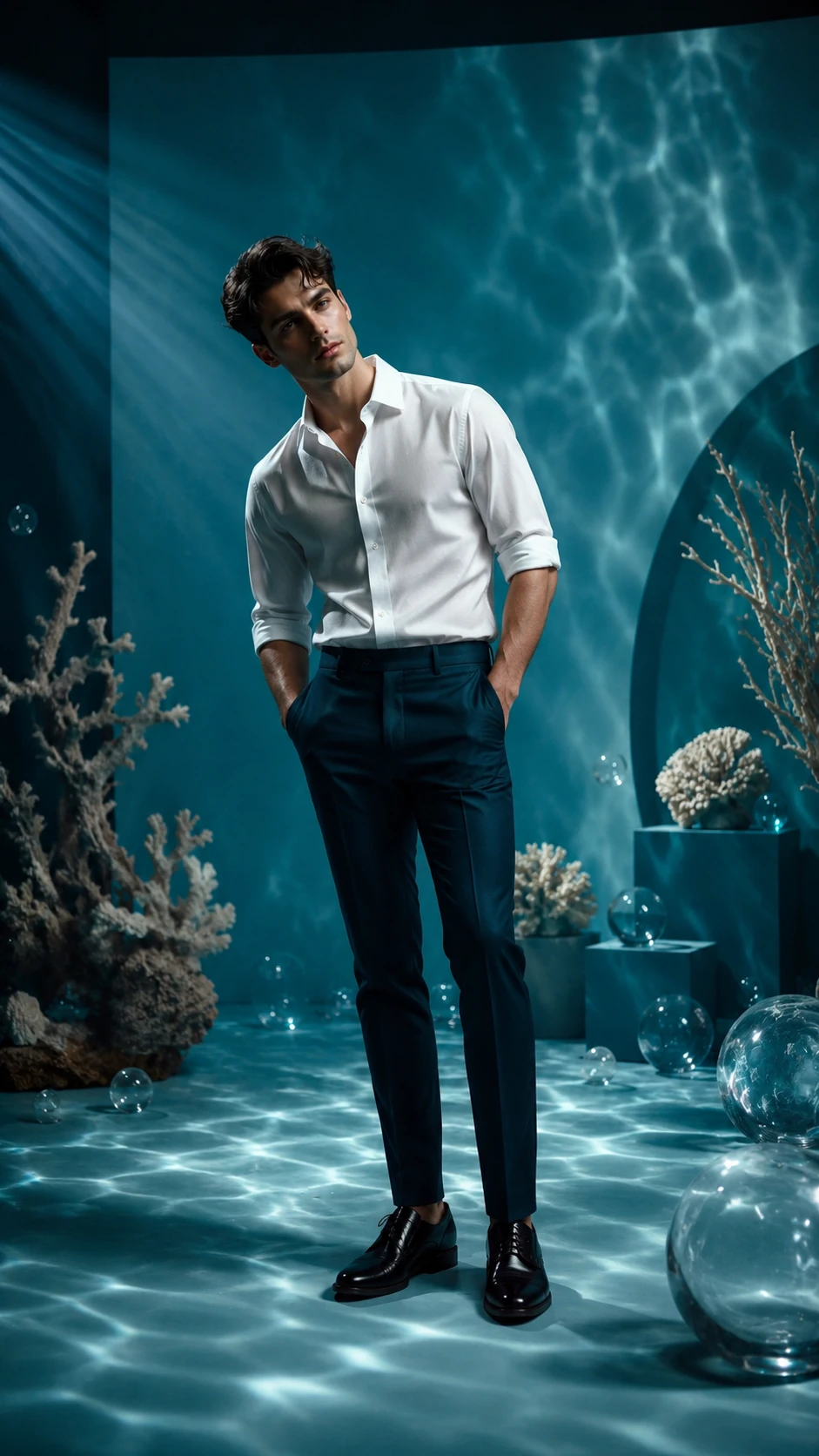 A fashion figure in a white shirt in a photographic-style underwater scene, with deep blue light and flowing water textures.