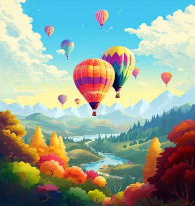 Balloons above a green valley in a colorful illustrative landscape, with soft shapes and bright sky tones.
