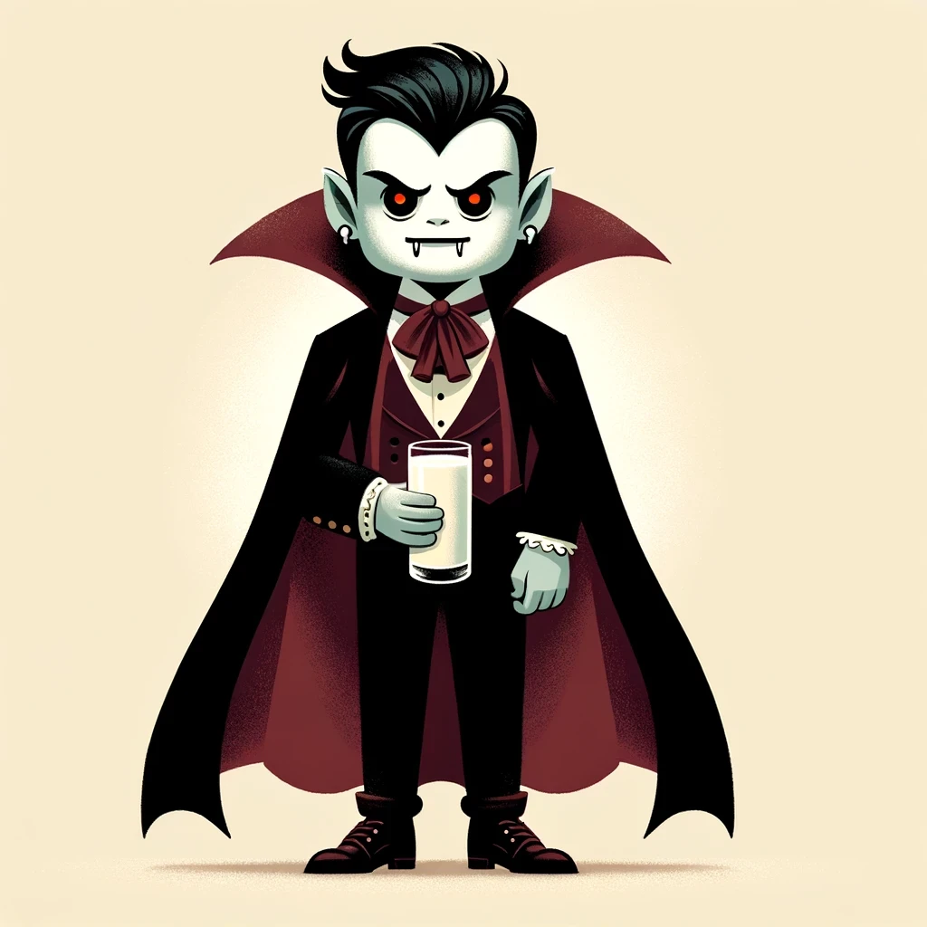 A mug-holding vampire in a bold cartoon style, with simplified features and a dark red-lined cape.