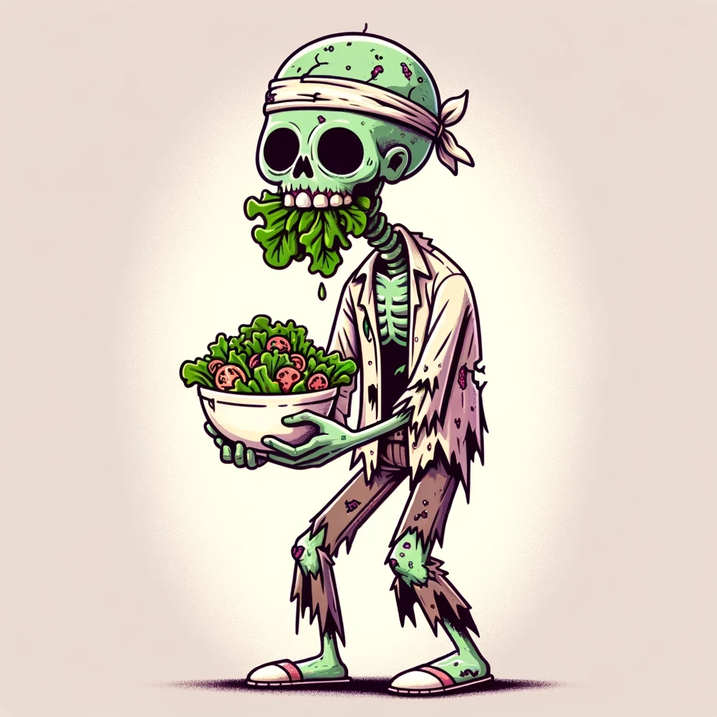 A skeleton-like zombie carrying leafy greens in a playful cartoon illustration, with fine outlines and muted color.