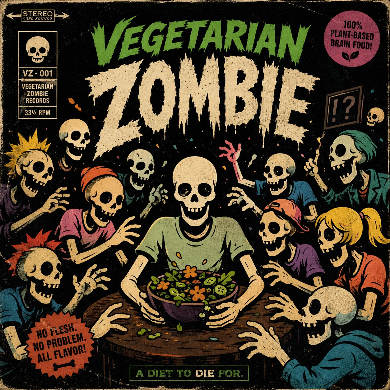 A food-packaging-inspired cover concept with hand-drawn-looking skeletons, bold lettering, and a dark graphic palette.