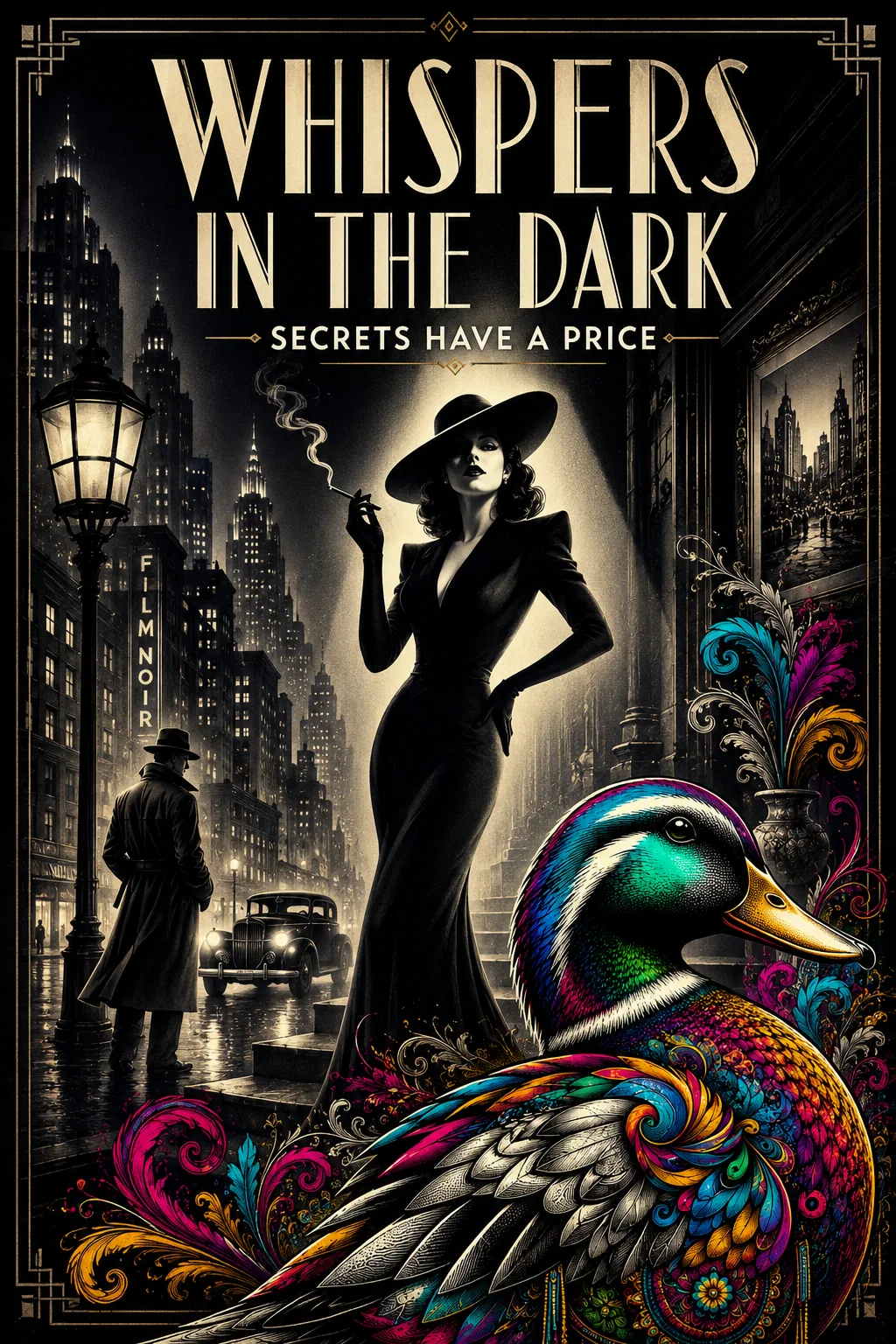 Noir poster reading Whispers in the Dark with a woman, city street, and colorful duck illustration