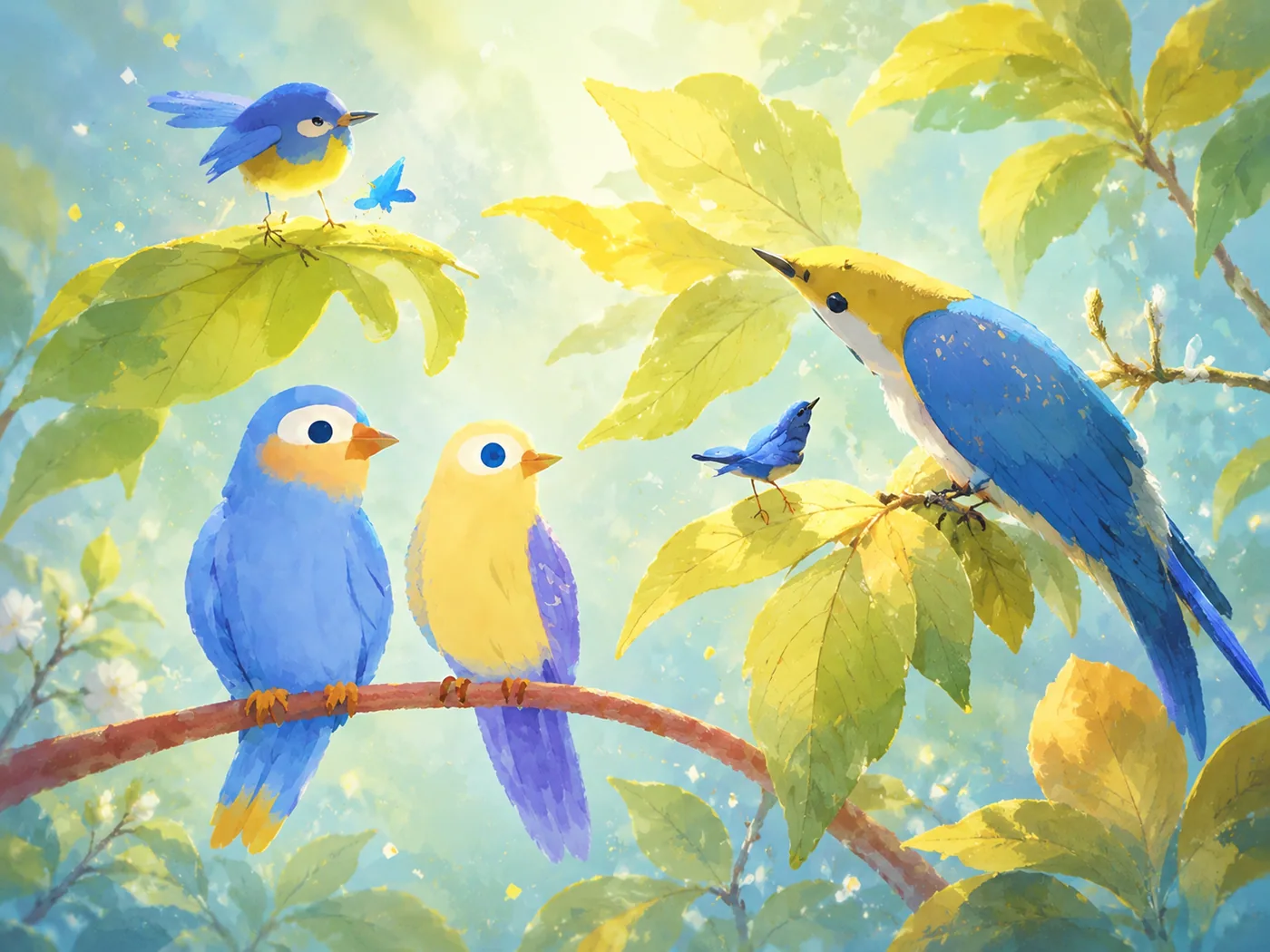 Birds and blossoms in a sunlit garden