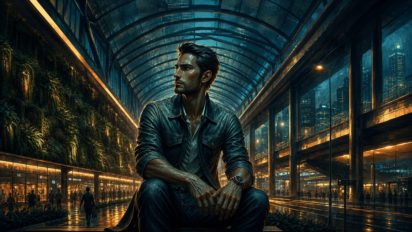 Character arriving at a terminal at night