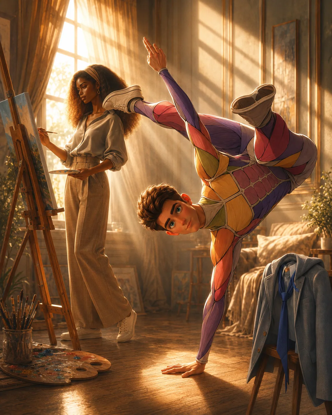 Painterly figure scene with warm window light
