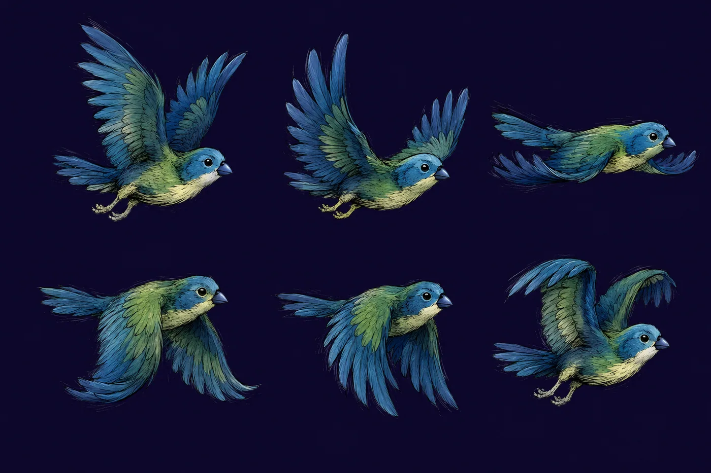 Blue birds shown as a flapping motion sequence