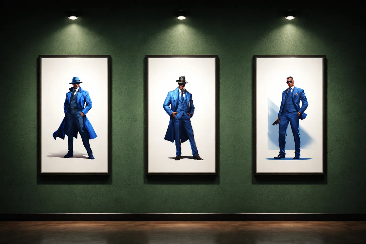 Gallery wall with blue character designs