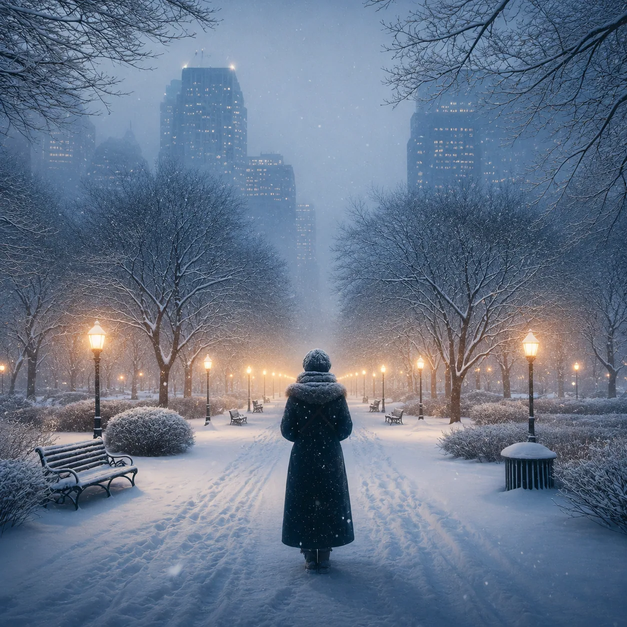Snowy blue scene with a figure in the distance