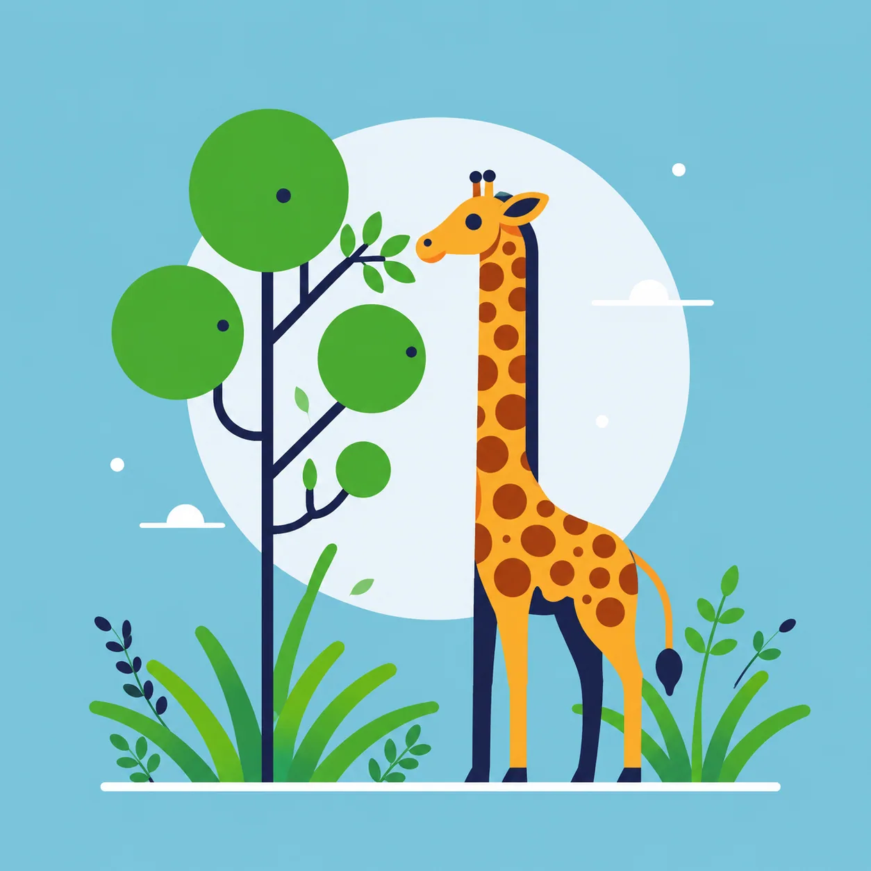 Flat illustration of a giraffe beside a tree
