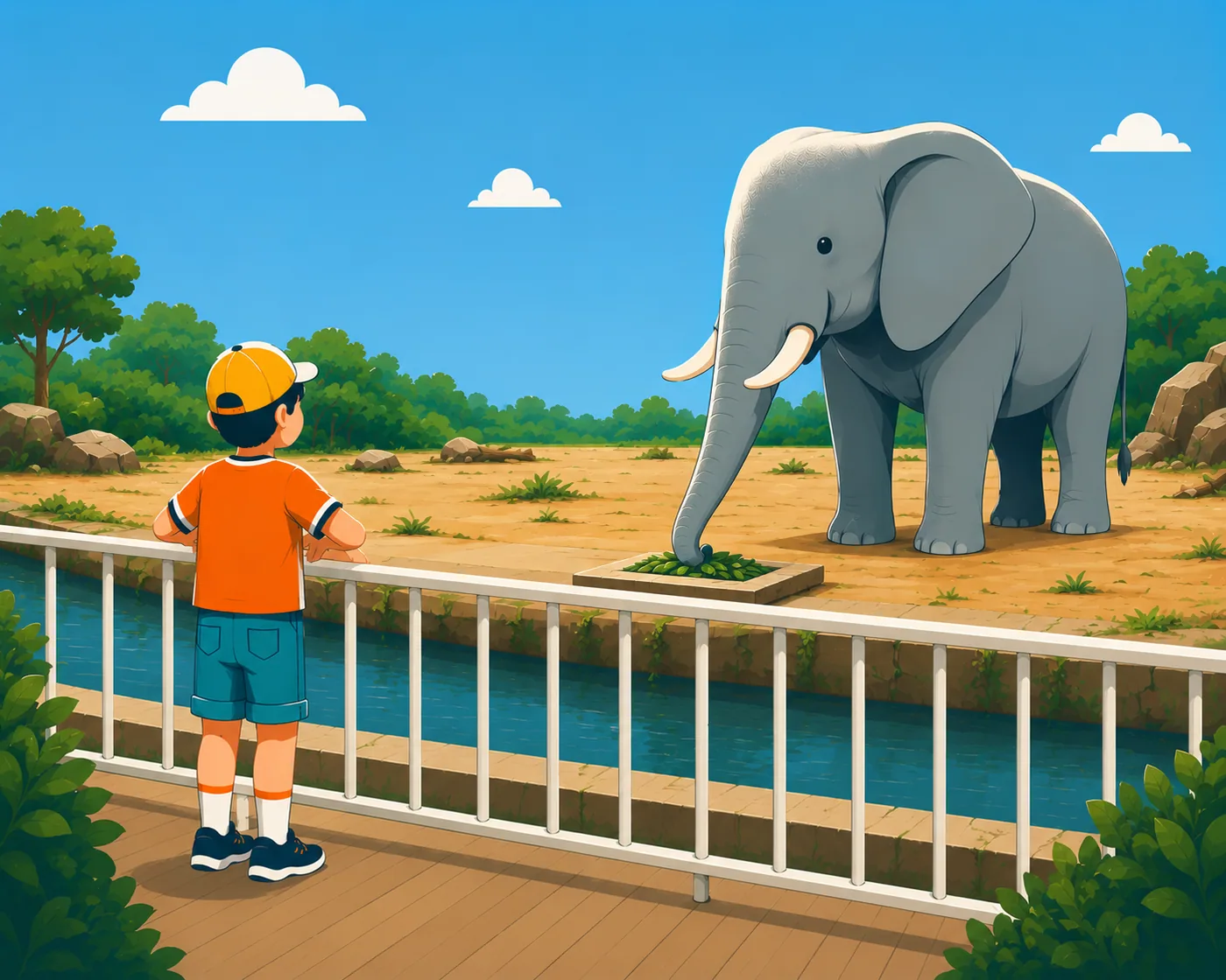 Child watching an elephant from a railing