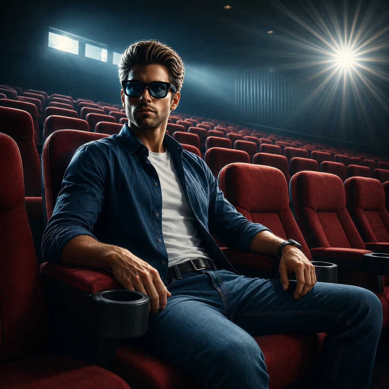 Man seated in a cinema with dramatic light