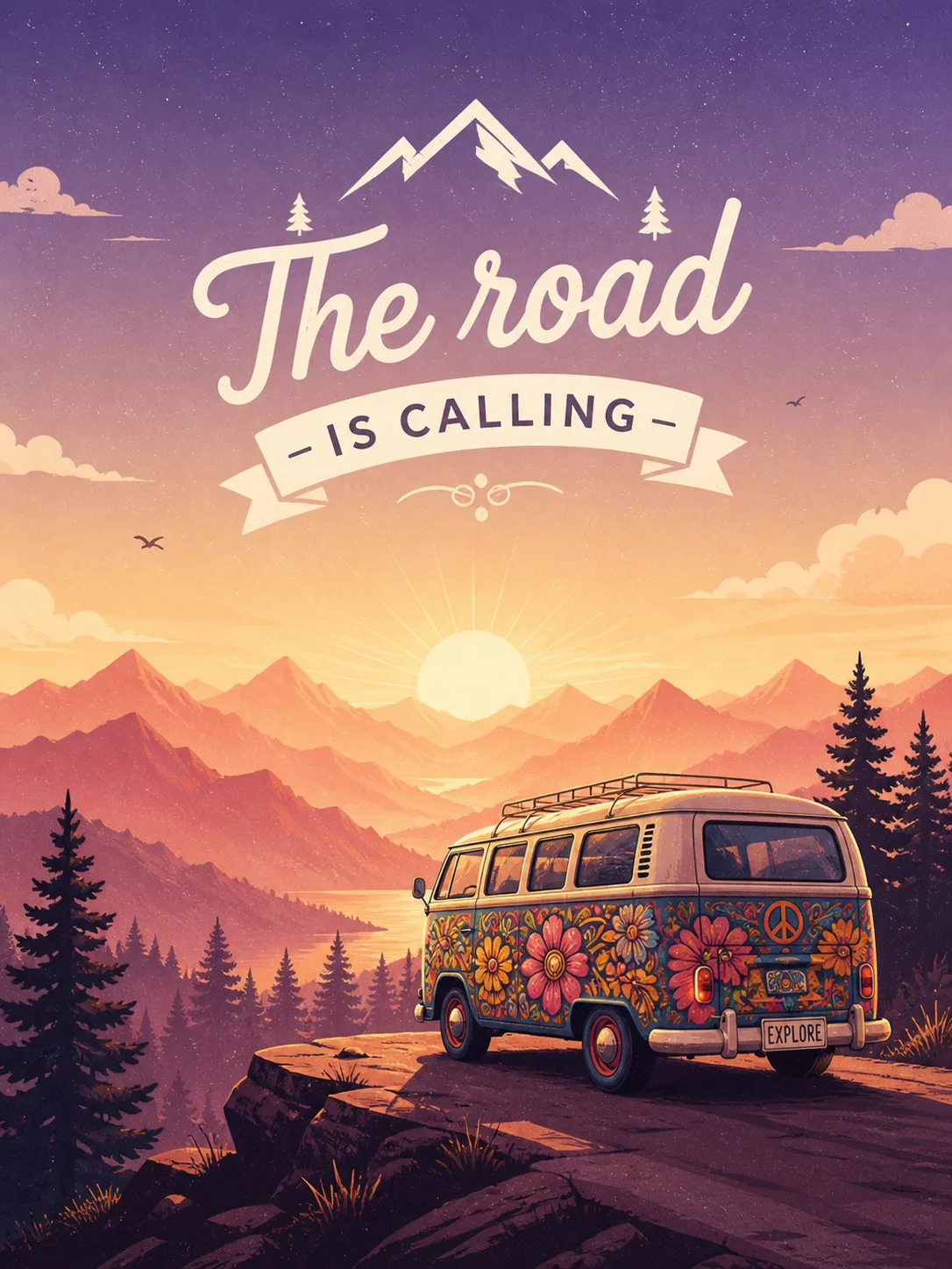 Retro road poster with a bus at sunset
