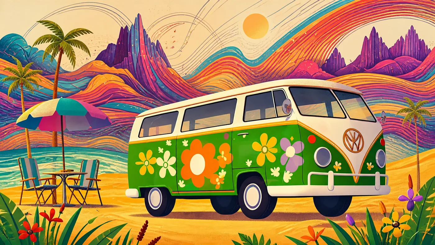 Colorful van in a stylized tropical landscape